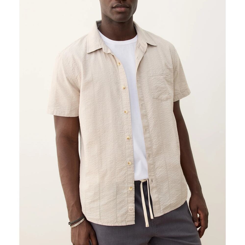 Marine Layer Seersucker Parchment Beige Short Sleeve Classic Shirt XXL NEW Top
